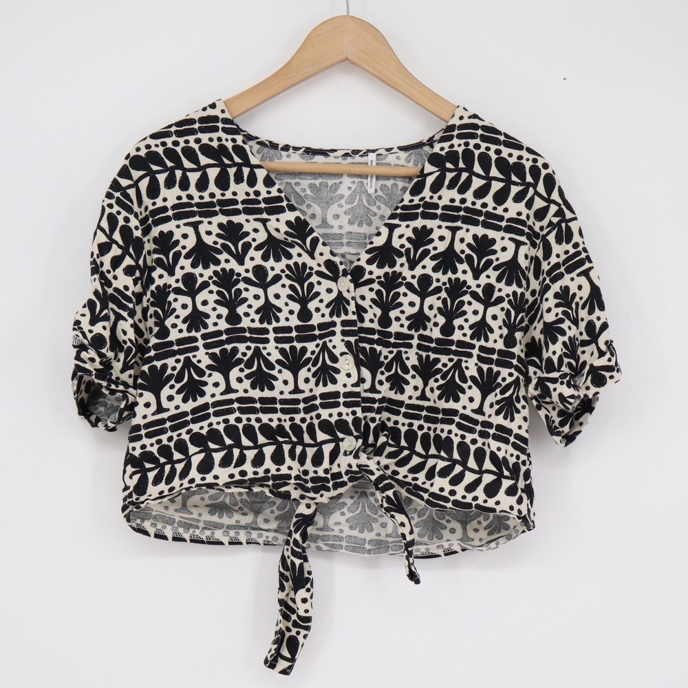 Koton Black White Linen Blend Block Print Tie Front Crop Top Size 36